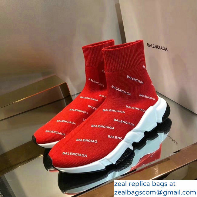 Balenciaga Knit Sock Speed Trainers Sneakers All Over Logo Red 2019 - Click Image to Close