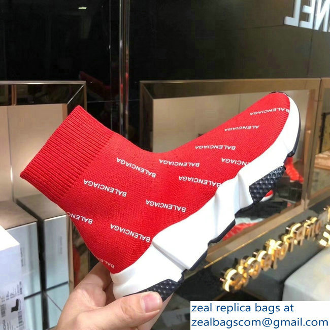 Balenciaga Knit Sock Speed Trainers Sneakers All Over Logo Red 2019