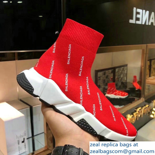 Balenciaga Knit Sock Speed Trainers Sneakers All Over Logo Red 2019 - Click Image to Close