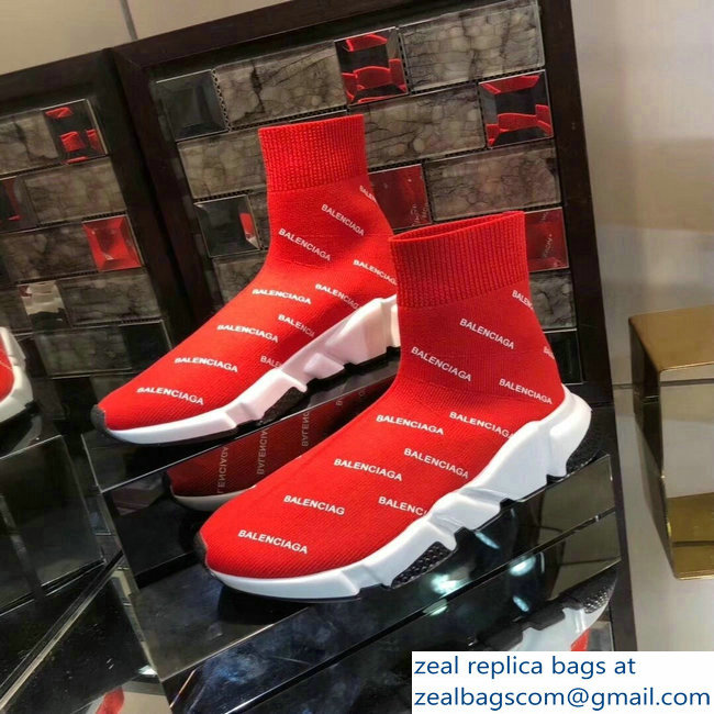 Balenciaga Knit Sock Speed Trainers Sneakers All Over Logo Red 2019 - Click Image to Close