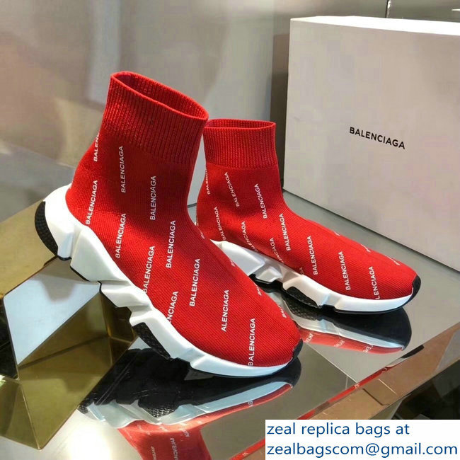 Balenciaga Knit Sock Speed Trainers Sneakers All Over Logo Red 2019