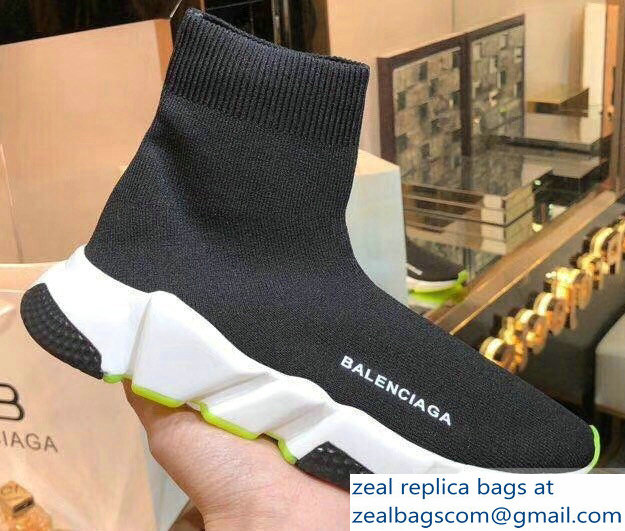 Balenciaga Knit Sock Speed Trainers Sneakers Black/White/Fluo Green 2019 - Click Image to Close