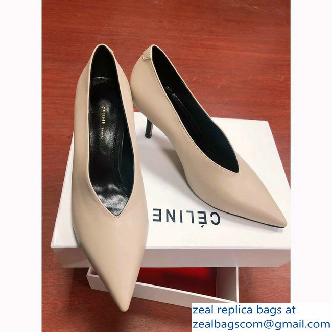 Celine Heel 7.5cm Leather Pointed-Toe Pumps Nude 2019 - Click Image to Close