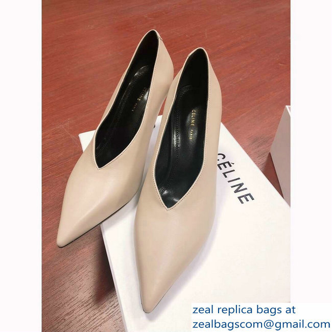 Celine Heel 7.5cm Leather Pointed-Toe Pumps Nude 2019 - Click Image to Close
