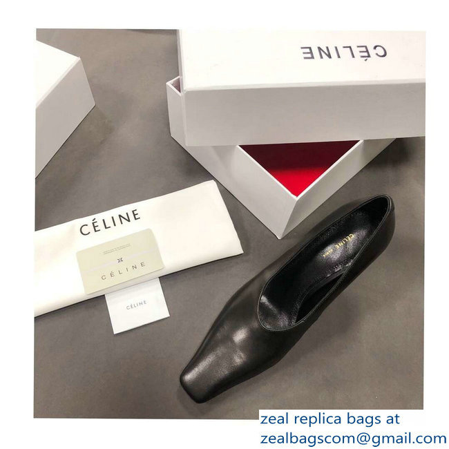 Celine Heel 9.5cm Leather Square-Toe Pumps Black 2019 - Click Image to Close