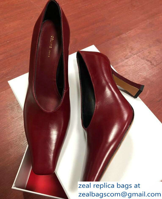 Celine Heel 9.5cm Leather Square-Toe Pumps Burgundy 2019 - Click Image to Close