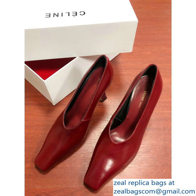 Celine Heel 9.5cm Leather Square-Toe Pumps Burgundy 2019