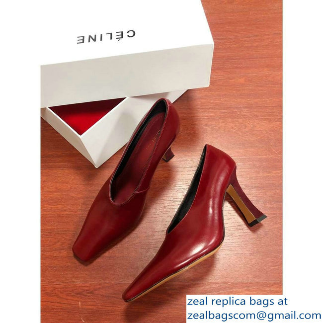 Celine Heel 9.5cm Leather Square-Toe Pumps Burgundy 2019