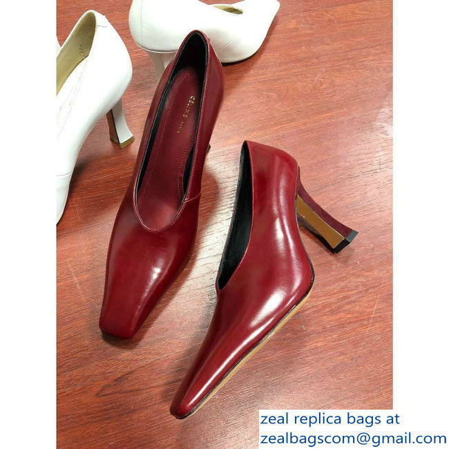 Celine Heel 9.5cm Leather Square-Toe Pumps Burgundy 2019 - Click Image to Close