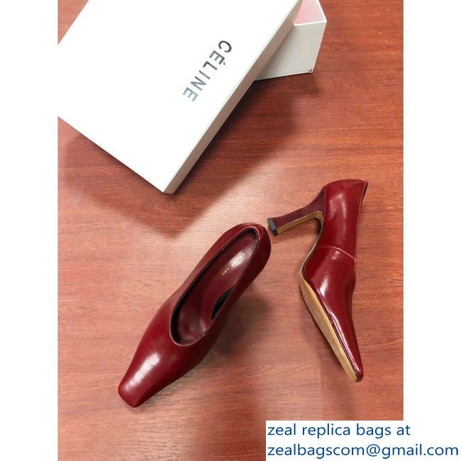 Celine Heel 9.5cm Leather Square-Toe Pumps Burgundy 2019