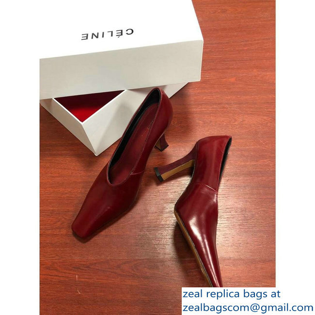 Celine Heel 9.5cm Leather Square-Toe Pumps Burgundy 2019