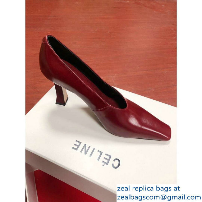 Celine Heel 9.5cm Leather Square-Toe Pumps Burgundy 2019 - Click Image to Close