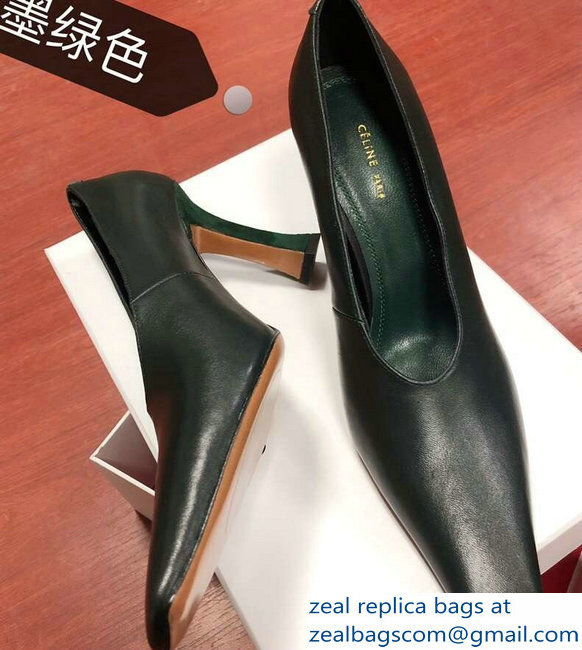 Celine Heel 9.5cm Leather Square-Toe Pumps Dark Green 2019 - Click Image to Close