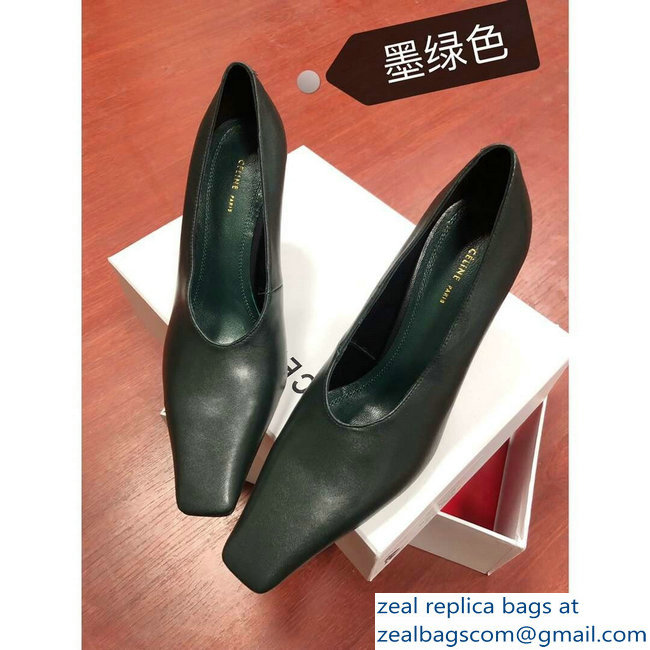 Celine Heel 9.5cm Leather Square-Toe Pumps Dark Green 2019