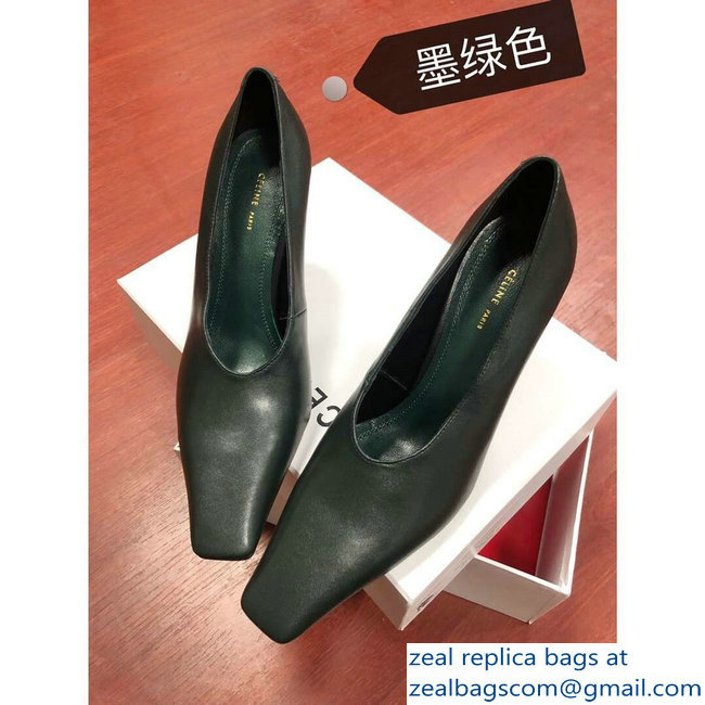 Celine Heel 9.5cm Leather Square-Toe Pumps Dark Green 2019 - Click Image to Close