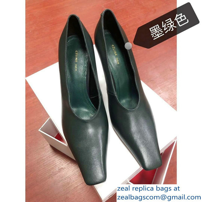 Celine Heel 9.5cm Leather Square-Toe Pumps Dark Green 2019