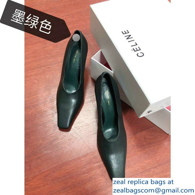 Celine Heel 9.5cm Leather Square-Toe Pumps Dark Green 2019