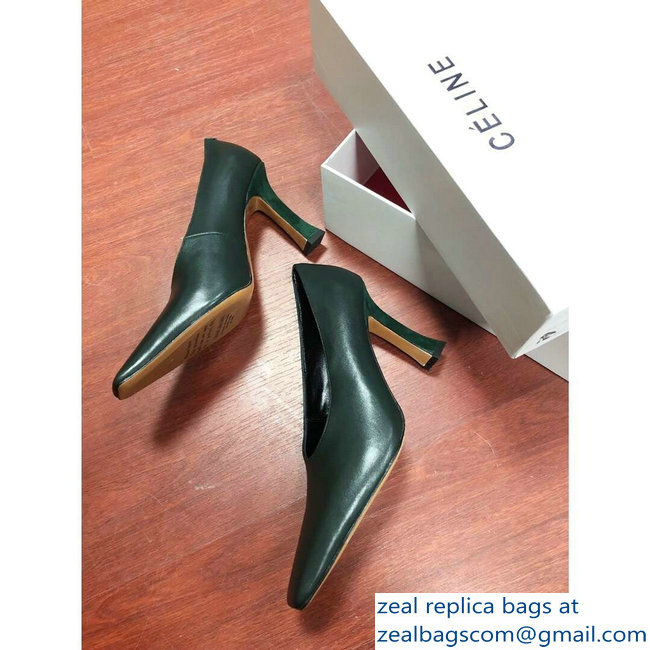 Celine Heel 9.5cm Leather Square-Toe Pumps Dark Green 2019