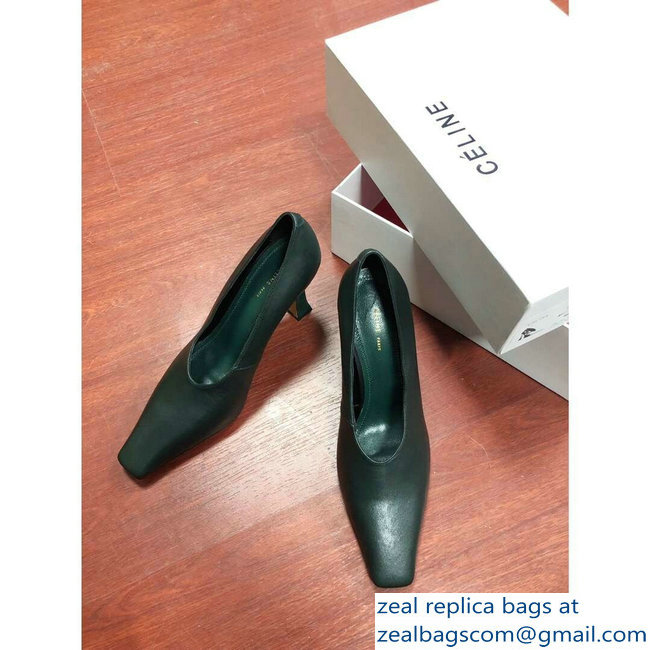 Celine Heel 9.5cm Leather Square-Toe Pumps Dark Green 2019