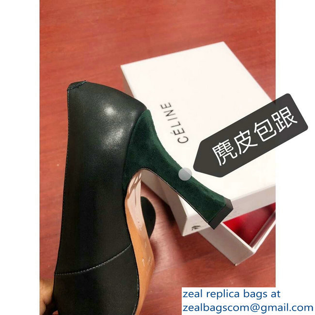 Celine Heel 9.5cm Leather Square-Toe Pumps Dark Green 2019 - Click Image to Close