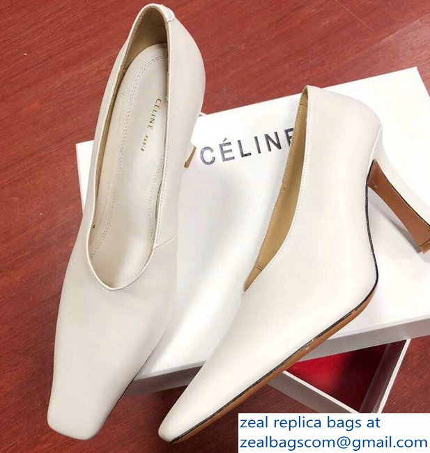 Celine Heel 9.5cm Leather Square-Toe Pumps Off White 2019 - Click Image to Close