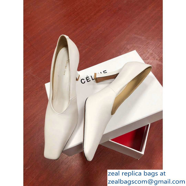 Celine Heel 9.5cm Leather Square-Toe Pumps Off White 2019 - Click Image to Close