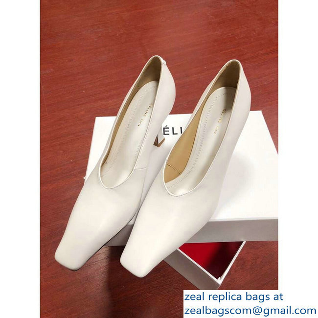 Celine Heel 9.5cm Leather Square-Toe Pumps Off White 2019 - Click Image to Close