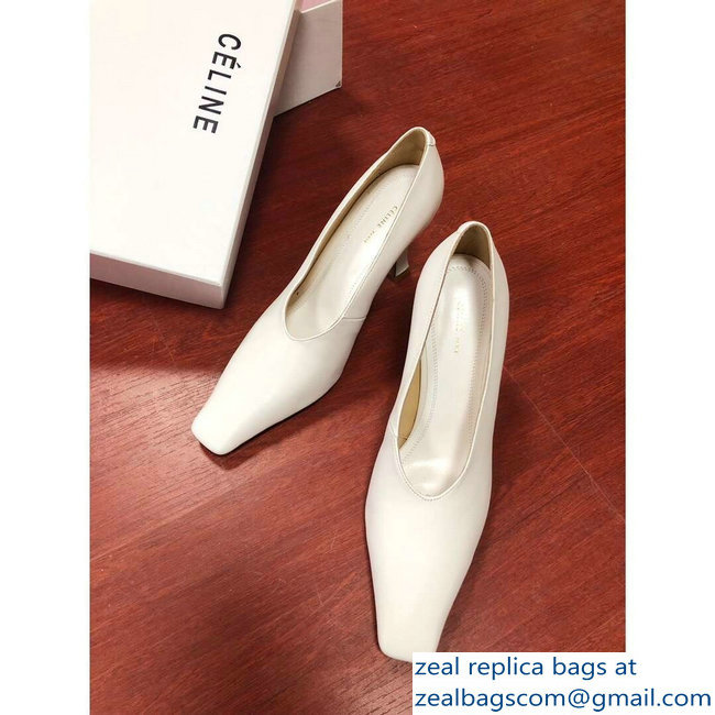 Celine Heel 9.5cm Leather Square-Toe Pumps Off White 2019