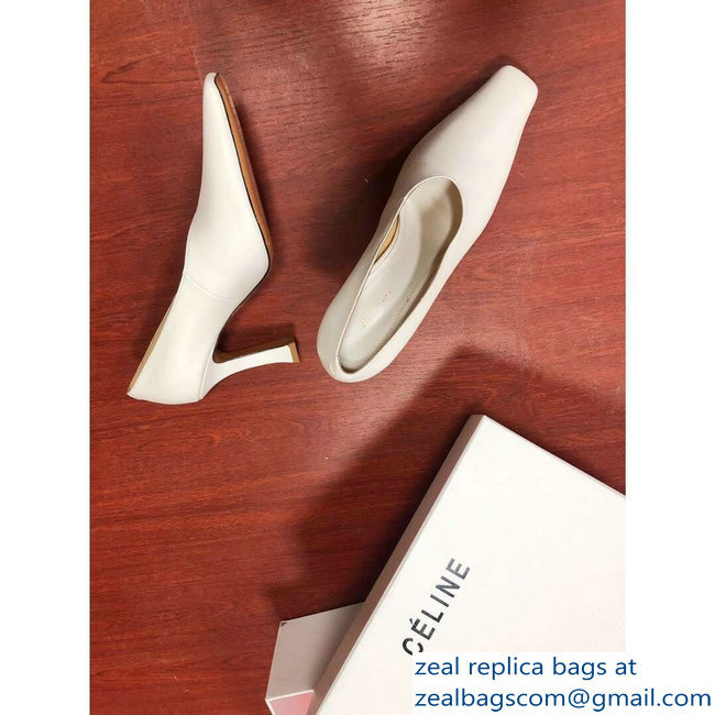 Celine Heel 9.5cm Leather Square-Toe Pumps Off White 2019 - Click Image to Close