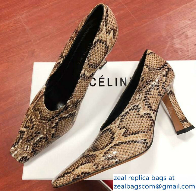 Celine Heel 9.5cm Leather Square-Toe Pumps Python Pattern 2019