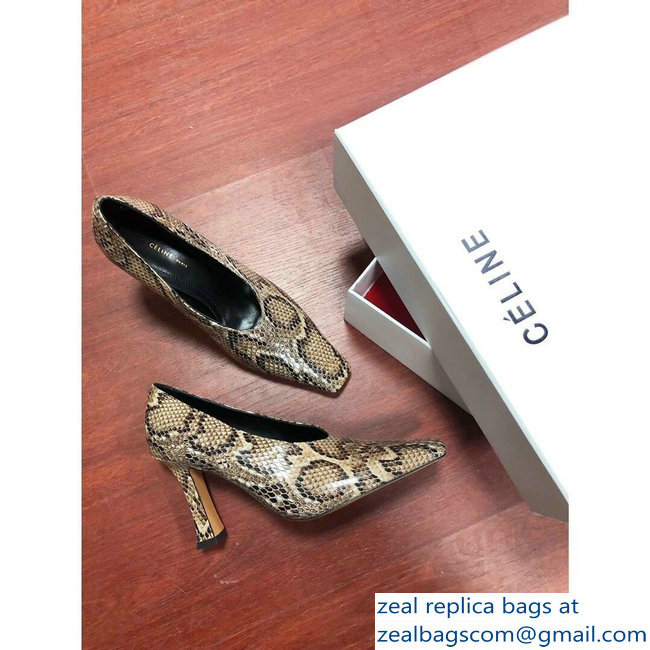 Celine Heel 9.5cm Leather Square-Toe Pumps Python Pattern 2019