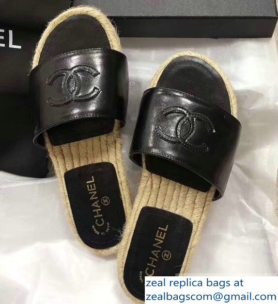 Chanel CC Logo Leather Mules Slipper Sandals Espadrilles G34067 Black 2019