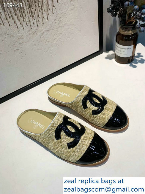Chanel CC Logo Straw and Fabric Espadrilles Mules G34422 Beige/Black 2019 - Click Image to Close