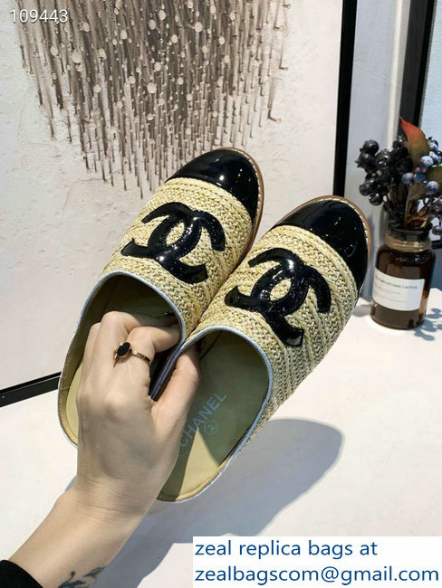 Chanel CC Logo Straw and Fabric Espadrilles Mules G34422 Beige/Black 2019
