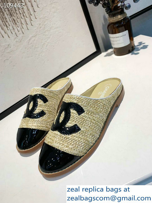 Chanel CC Logo Straw and Fabric Espadrilles Mules G34422 Beige/Black 2019