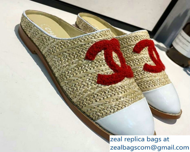 Chanel CC Logo Straw and Fabric Espadrilles Mules G34422 Beige/Red/White 2019