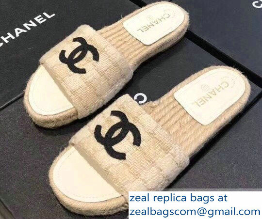 Chanel CC Logo Tweed Mules Slipper Sandals Espadrilles G34067 Beige 2019