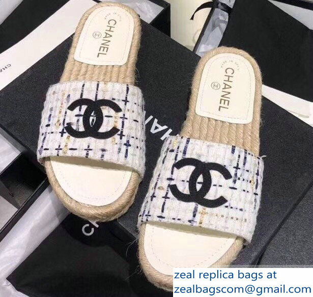 Chanel CC Logo Tweed Mules Slipper Sandals Espadrilles G34067 Gray 2019