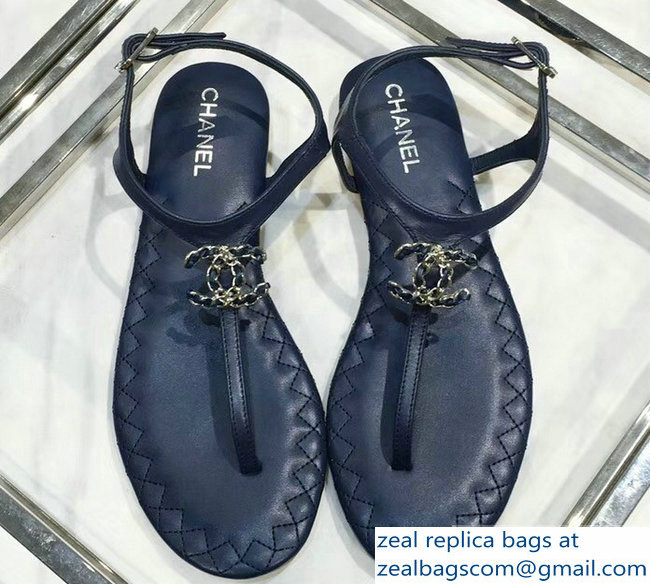 Chanel Chain CC Logo Thong Sandals Blue 2019