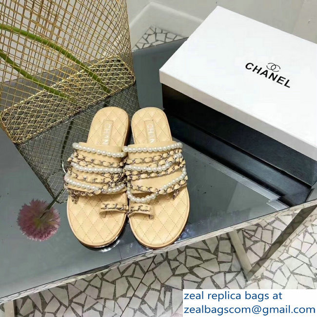 Chanel Chain and Pearl Slipper Sandals G34407 Beige 2019