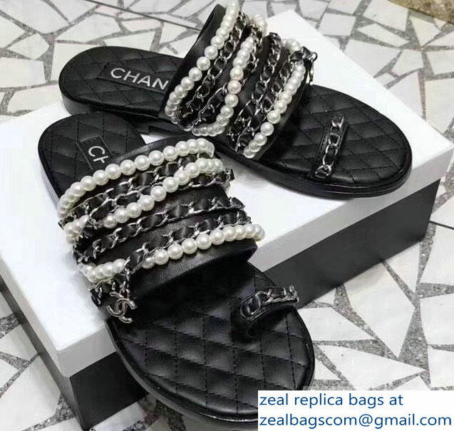 Chanel Chain and Pearl Slipper Sandals G34407 Black 2019