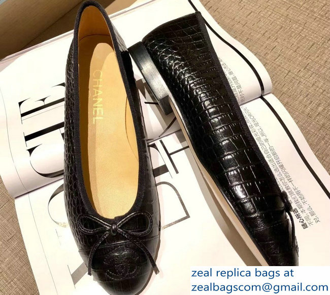 Chanel Crocodile Pattern Classic Bow Ballerinas Flats Black 01