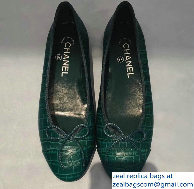 Chanel Crocodile Pattern Classic Bow Ballerinas Flats Green 02