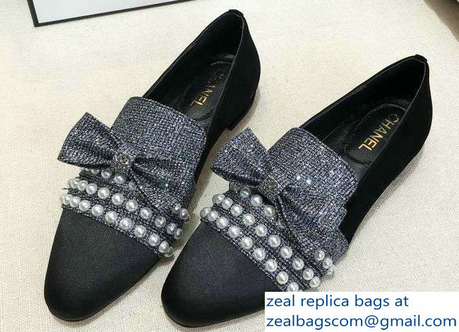 Chanel Grosgrain Loafers with Pearls and Bow G34249 Glitter Silver Gray 2019