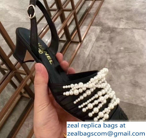 Chanel Heel 5cm Pearls Slingbacks Sandals Black 2019