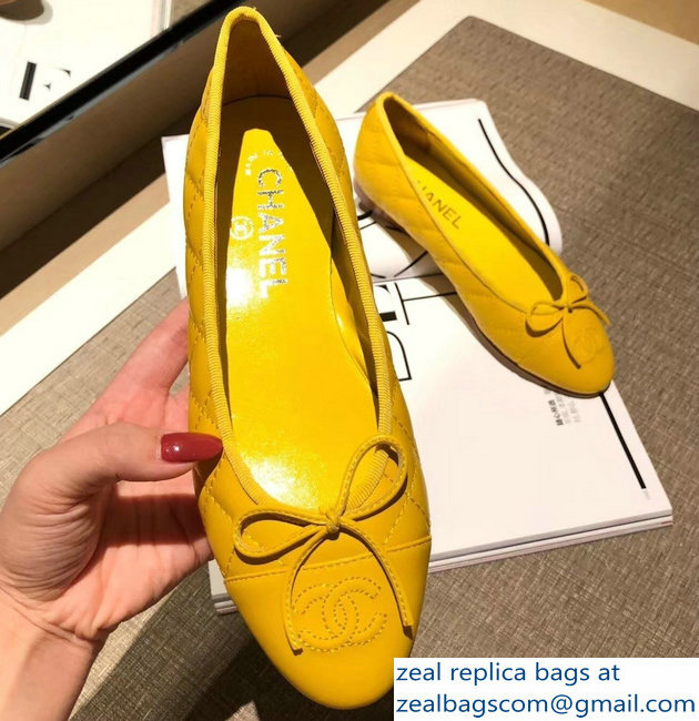 Chanel Lambskin Classic Bow Ballerinas Flats Quilting Yellow
