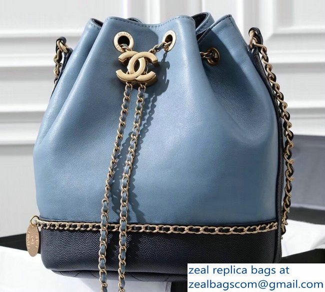 Chanel Lambskin/Grained Calfskin Chain Around Drawstring Bucket Bag AS0373 Blue 2019