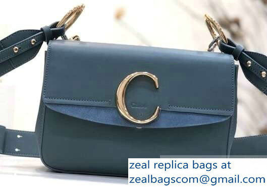 Chloe Small C Double Carry Bag Blue Green In Shiny and Suede Calfskin 2019