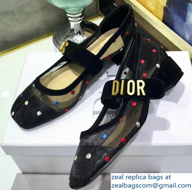 Dior Heel 3cm Baby-D Ballet Pumps Multi-colored Polka Dots Black Tulle 2019 - Click Image to Close