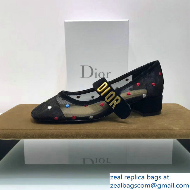 Dior Heel 3cm Baby-D Ballet Pumps Multi-colored Polka Dots Black Tulle 2019 - Click Image to Close